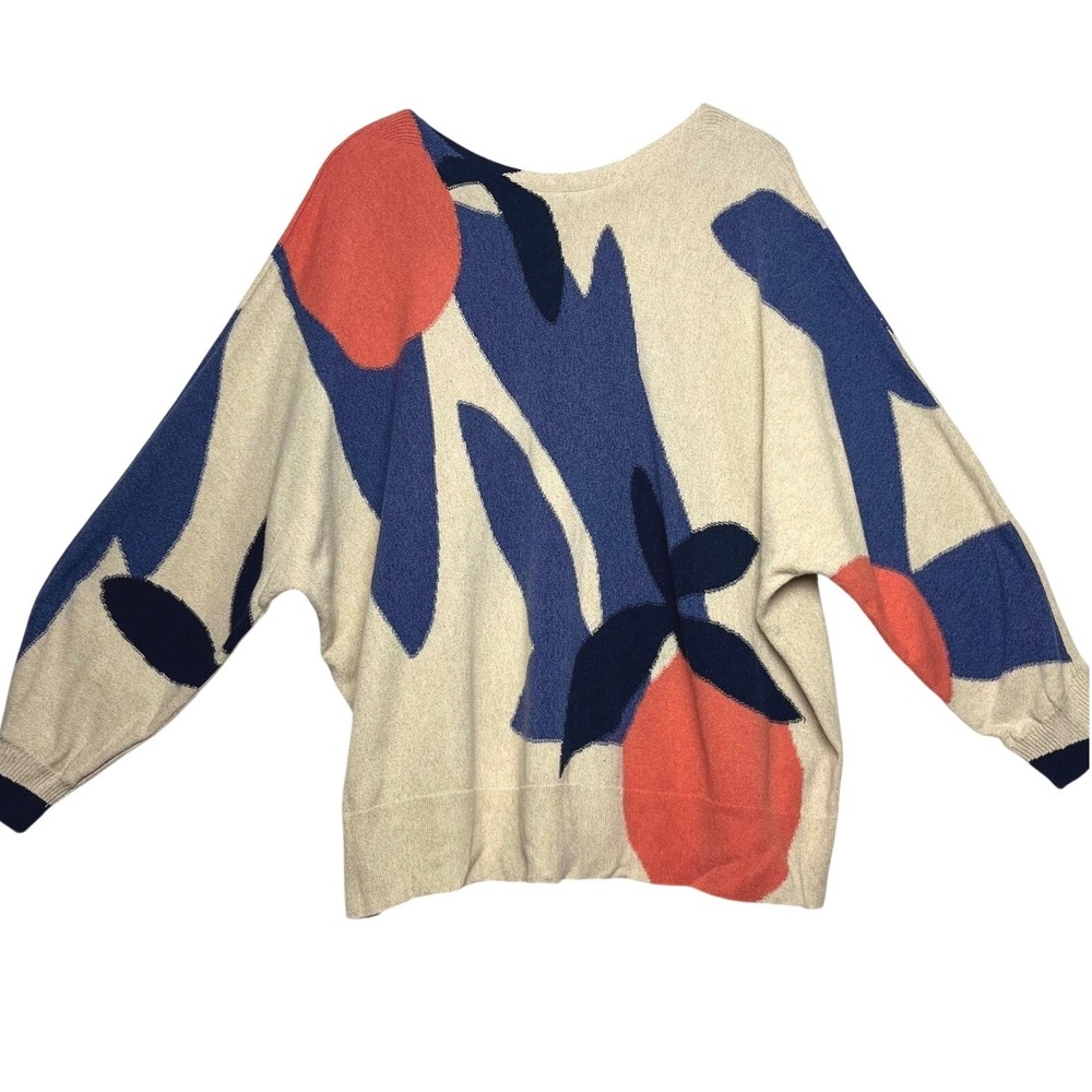 NIC+ZOE Abstract Floral Crewneck Sweater - Cream, Blue & Coral